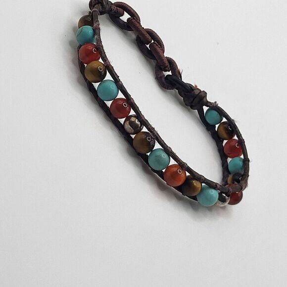 Braided Boho Style Turquoise Tiger's Eye Leather Strap Bracelet 7in - Picture 3 of 3